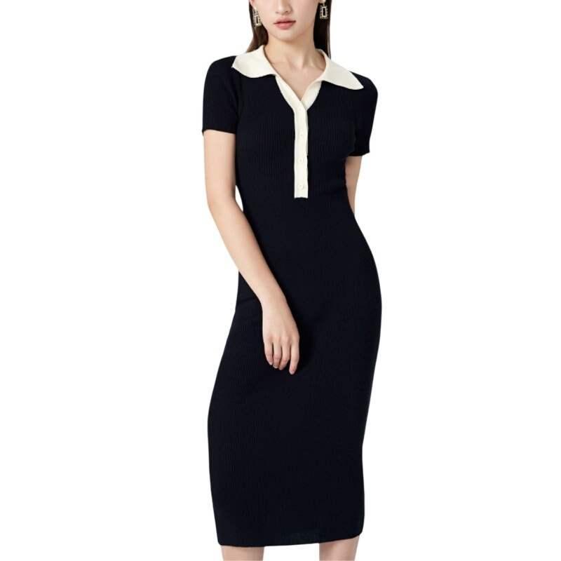 Cidar Knit Contrast Collar Rib Polo Midi Dress Size M
